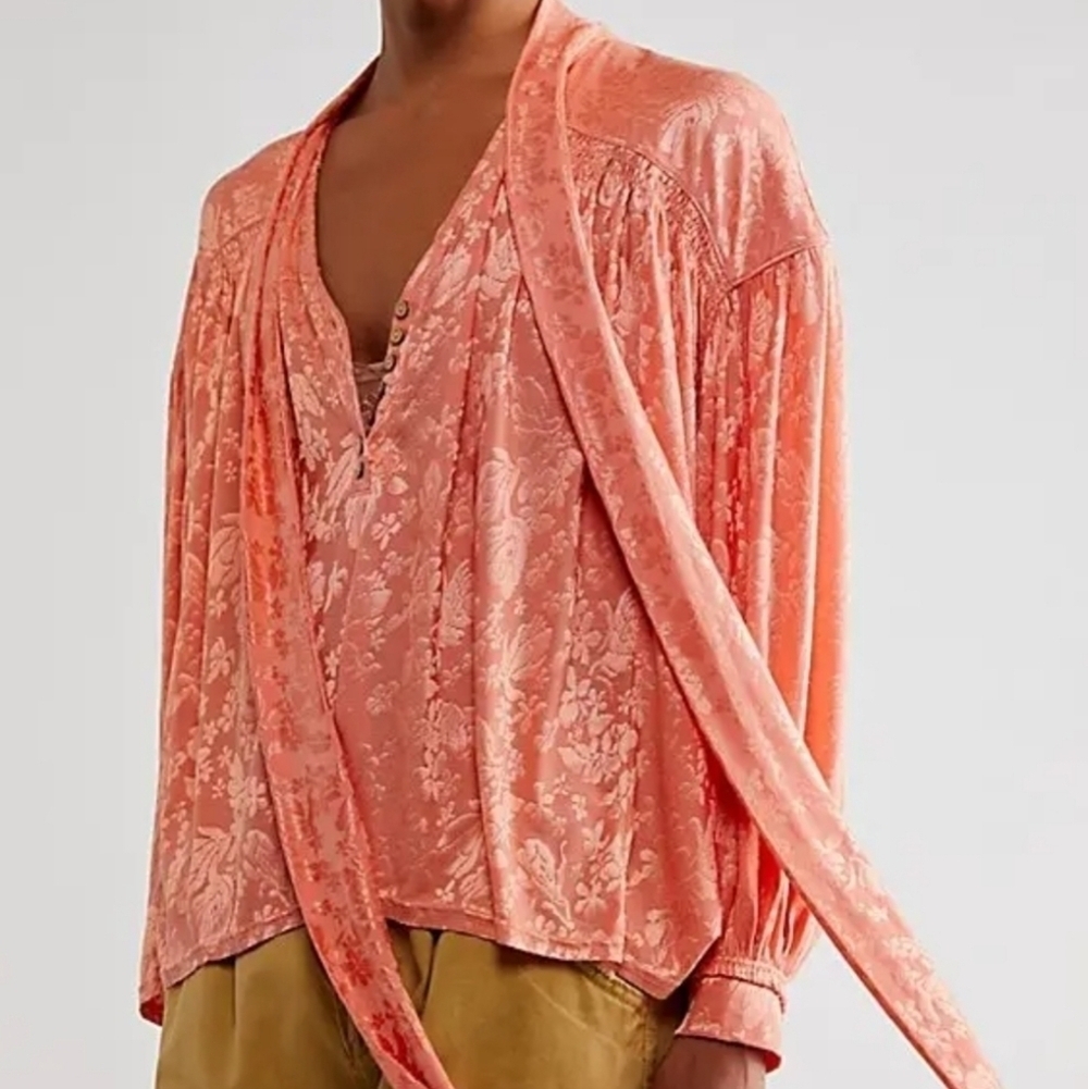 Free People Coral Lucca Tie Neck Jacquard Blouse